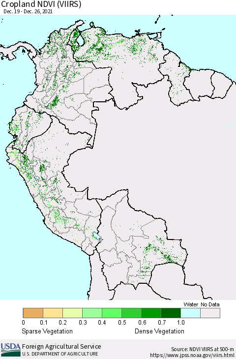 Northern South America Cropland NDVI (VIIRS) Thematic Map For 12/21/2021 - 12/31/2021