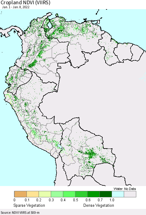 Northern South America Cropland NDVI (VIIRS) Thematic Map For 1/1/2022 - 1/8/2022