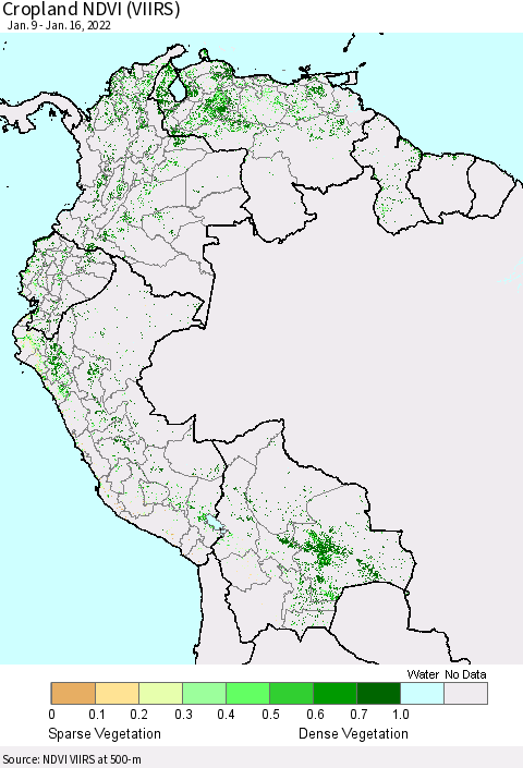 Northern South America Cropland NDVI (VIIRS) Thematic Map For 1/9/2022 - 1/16/2022