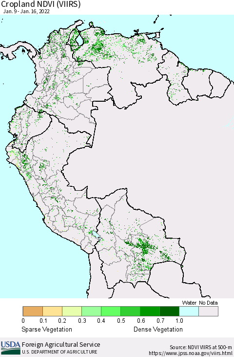 Northern South America Cropland NDVI (VIIRS) Thematic Map For 1/11/2022 - 1/20/2022