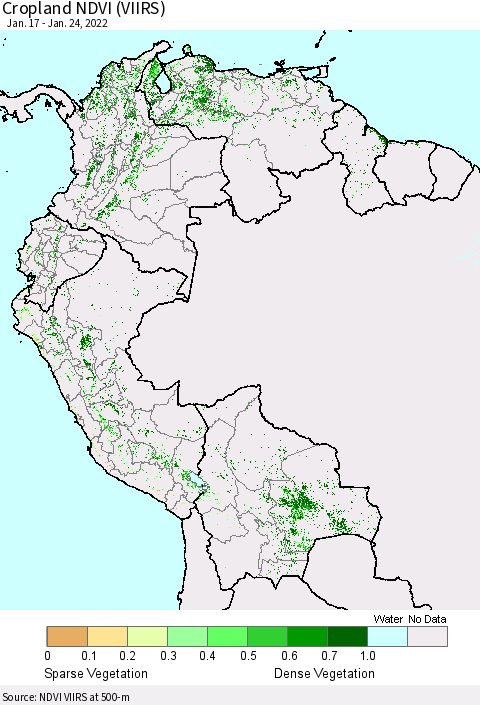 Northern South America Cropland NDVI (VIIRS) Thematic Map For 1/17/2022 - 1/24/2022