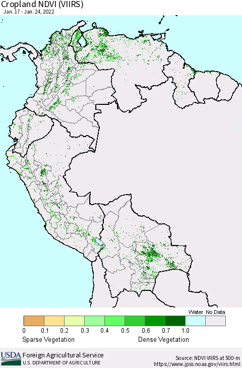 Northern South America Cropland NDVI (VIIRS) Thematic Map For 1/21/2022 - 1/31/2022