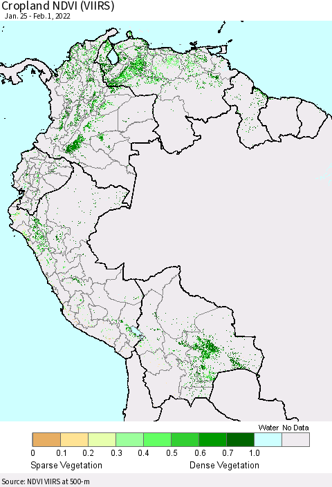 Northern South America Cropland NDVI (VIIRS) Thematic Map For 1/25/2022 - 2/1/2022