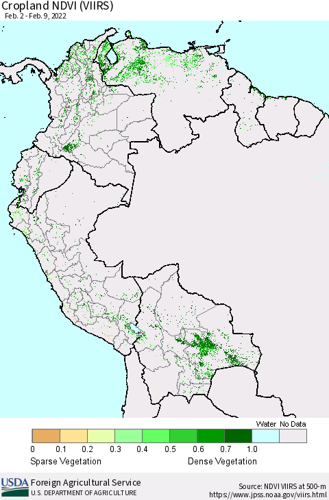 Northern South America Cropland NDVI (VIIRS) Thematic Map For 2/1/2022 - 2/10/2022