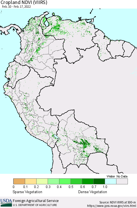 Northern South America Cropland NDVI (VIIRS) Thematic Map For 2/11/2022 - 2/20/2022