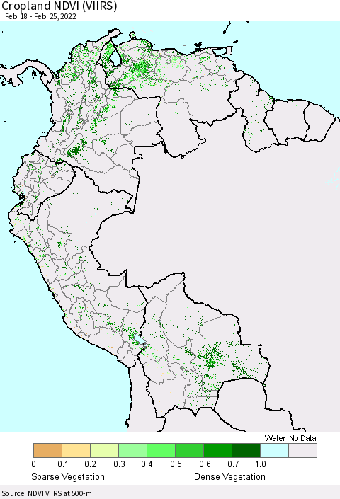 Northern South America Cropland NDVI (VIIRS) Thematic Map For 2/18/2022 - 2/25/2022