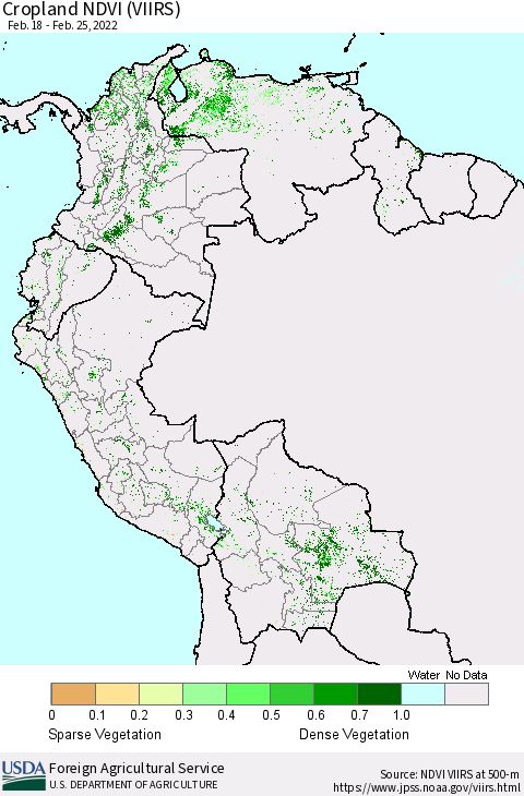 Northern South America Cropland NDVI (VIIRS) Thematic Map For 2/21/2022 - 2/28/2022