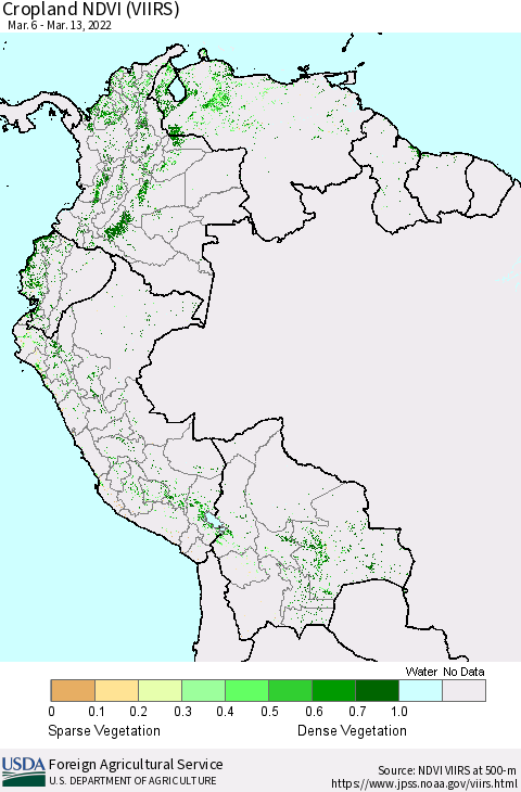 Northern South America Cropland NDVI (VIIRS) Thematic Map For 3/11/2022 - 3/20/2022