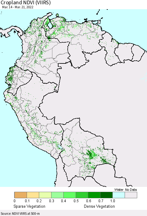 Northern South America Cropland NDVI (VIIRS) Thematic Map For 3/14/2022 - 3/21/2022