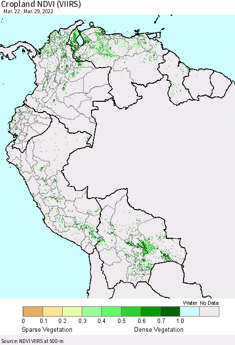 Northern South America Cropland NDVI (VIIRS) Thematic Map For 3/22/2022 - 3/29/2022