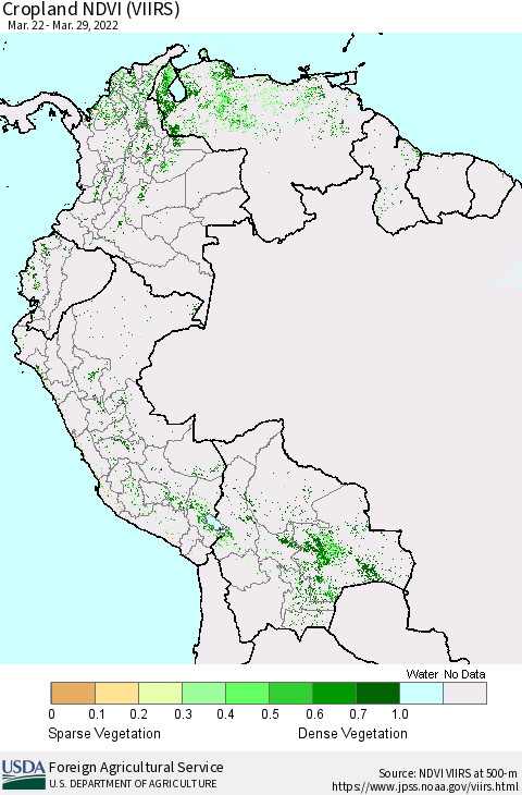 Northern South America Cropland NDVI (VIIRS) Thematic Map For 3/21/2022 - 3/31/2022