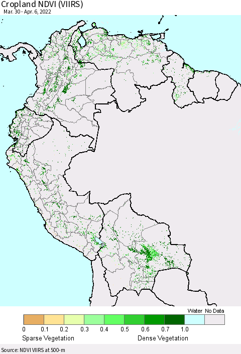 Northern South America Cropland NDVI (VIIRS) Thematic Map For 3/30/2022 - 4/6/2022