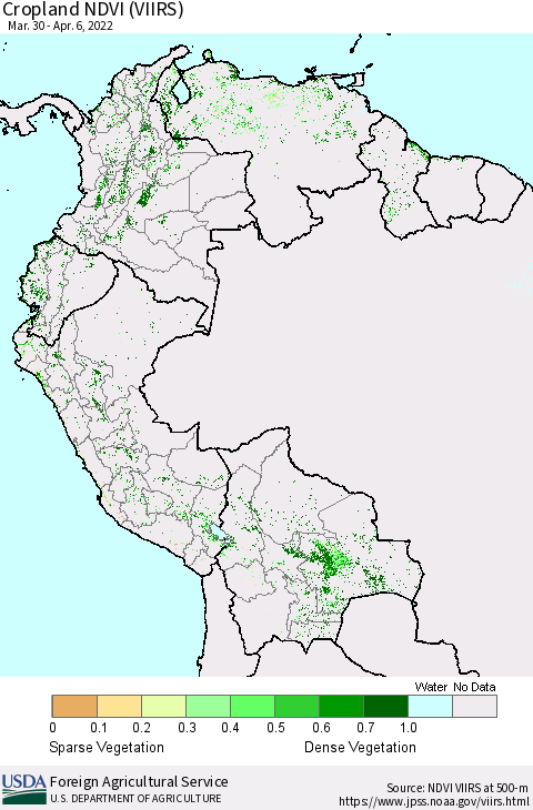 Northern South America Cropland NDVI (VIIRS) Thematic Map For 4/1/2022 - 4/10/2022