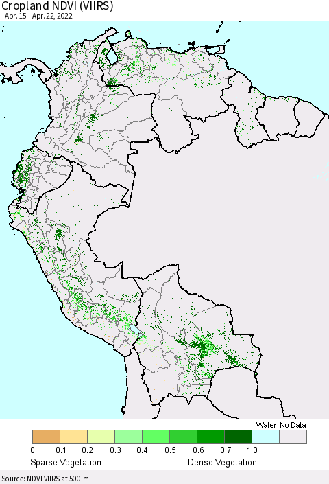 Northern South America Cropland NDVI (VIIRS) Thematic Map For 4/15/2022 - 4/22/2022