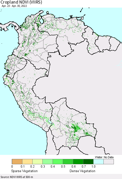 Northern South America Cropland NDVI (VIIRS) Thematic Map For 4/21/2022 - 4/30/2022