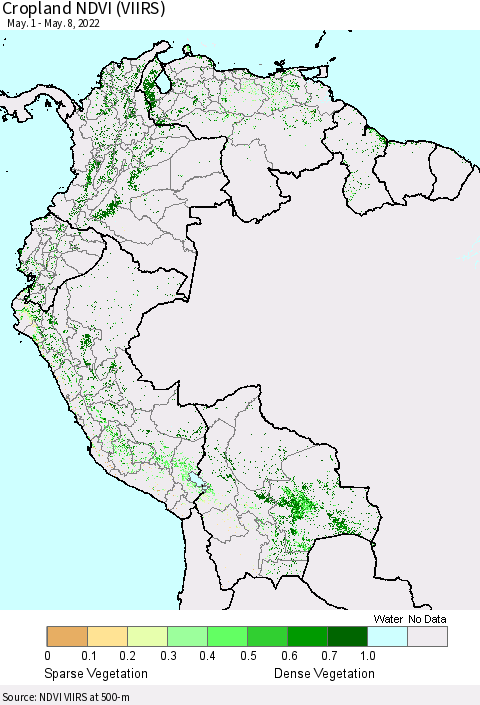 Northern South America Cropland NDVI (VIIRS) Thematic Map For 5/1/2022 - 5/8/2022