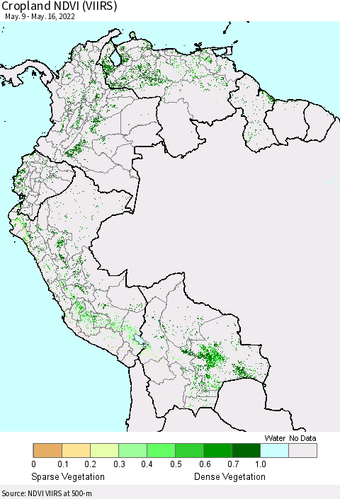 Northern South America Cropland NDVI (VIIRS) Thematic Map For 5/9/2022 - 5/16/2022