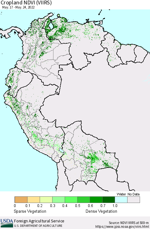 Northern South America Cropland NDVI (VIIRS) Thematic Map For 5/21/2022 - 5/31/2022