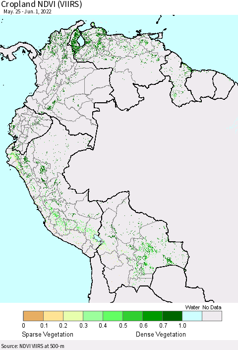 Northern South America Cropland NDVI (VIIRS) Thematic Map For 5/25/2022 - 6/1/2022