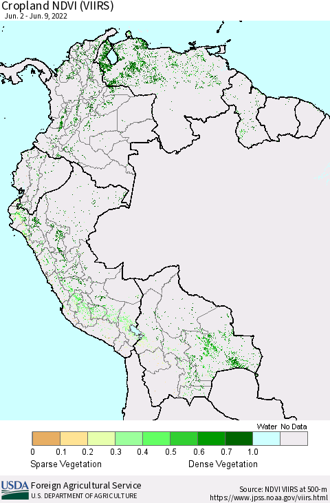 Northern South America Cropland NDVI (VIIRS) Thematic Map For 6/1/2022 - 6/10/2022