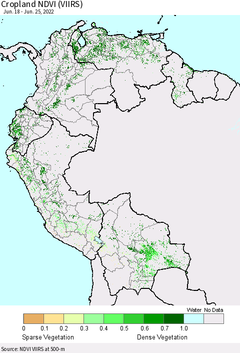 Northern South America Cropland NDVI (VIIRS) Thematic Map For 6/18/2022 - 6/25/2022