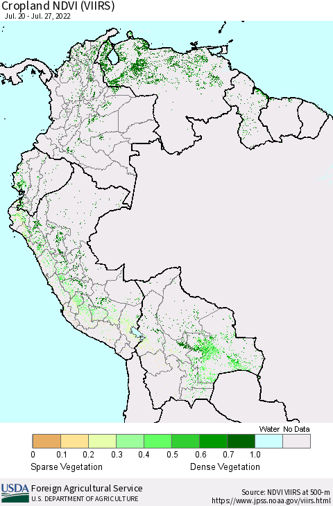 Northern South America Cropland NDVI (VIIRS) Thematic Map For 7/21/2022 - 7/31/2022