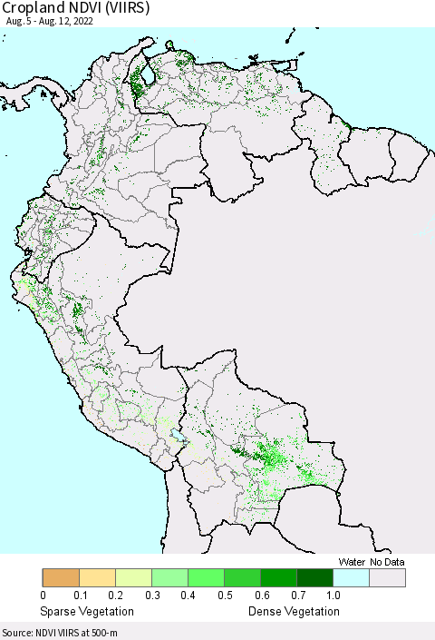 Northern South America Cropland NDVI (VIIRS) Thematic Map For 8/5/2022 - 8/12/2022