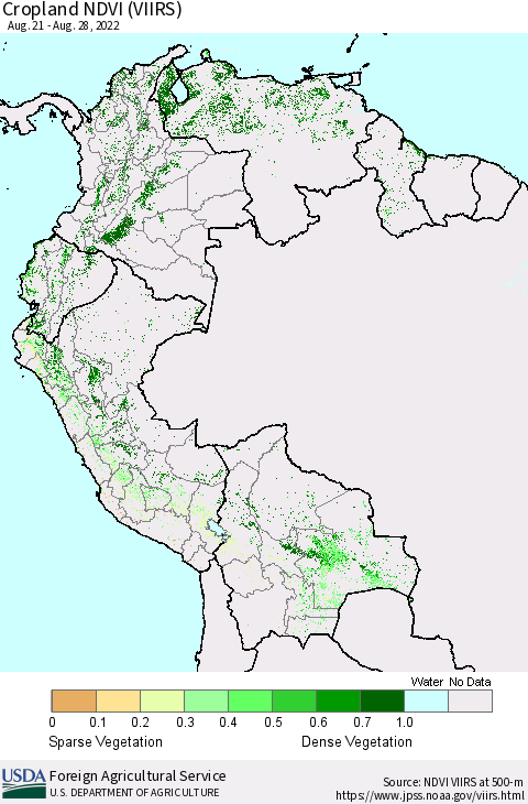 Northern South America Cropland NDVI (VIIRS) Thematic Map For 8/21/2022 - 8/31/2022