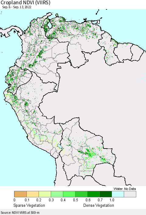 Northern South America Cropland NDVI (VIIRS) Thematic Map For 9/6/2022 - 9/13/2022