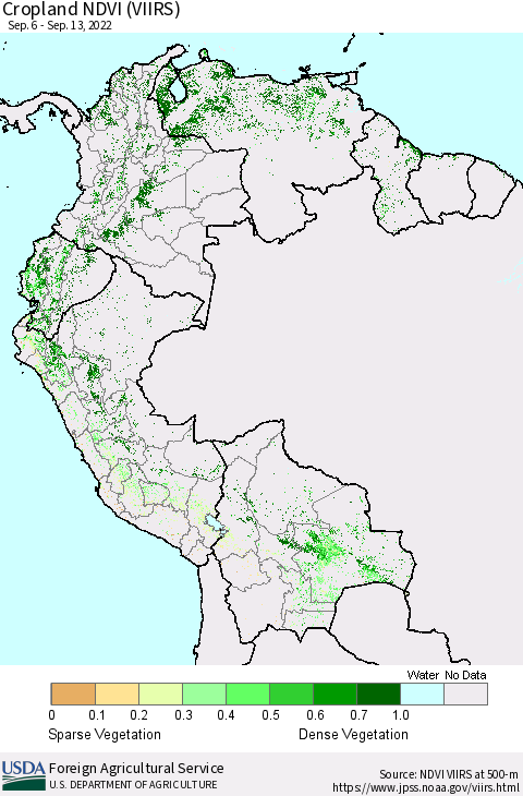Northern South America Cropland NDVI (VIIRS) Thematic Map For 9/11/2022 - 9/20/2022