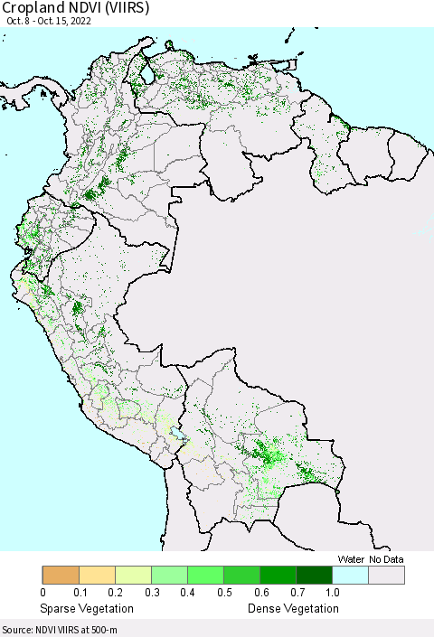 Northern South America Cropland NDVI (VIIRS) Thematic Map For 10/8/2022 - 10/15/2022