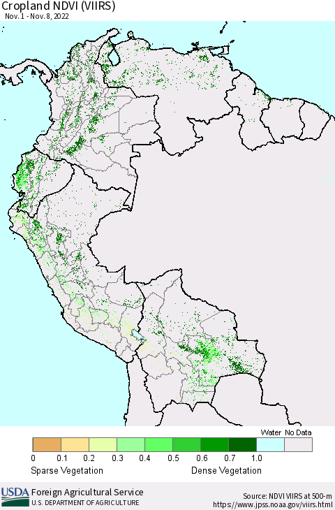 Northern South America Cropland NDVI (VIIRS) Thematic Map For 11/1/2022 - 11/10/2022