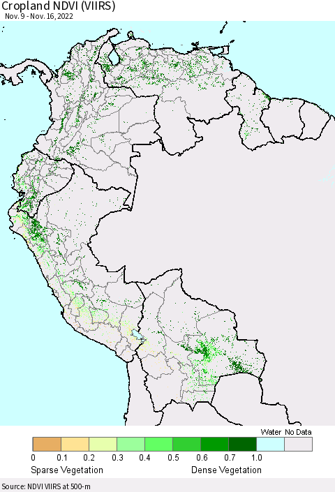 Northern South America Cropland NDVI (VIIRS) Thematic Map For 11/9/2022 - 11/16/2022