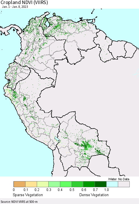 Northern South America Cropland NDVI (VIIRS) Thematic Map For 1/1/2023 - 1/8/2023