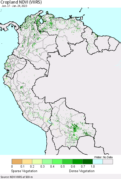 Northern South America Cropland NDVI (VIIRS) Thematic Map For 1/17/2023 - 1/24/2023