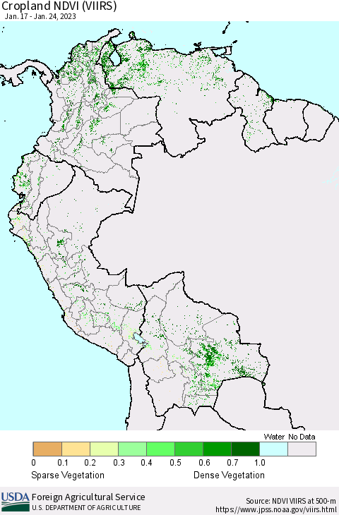 Northern South America Cropland NDVI (VIIRS) Thematic Map For 1/21/2023 - 1/31/2023