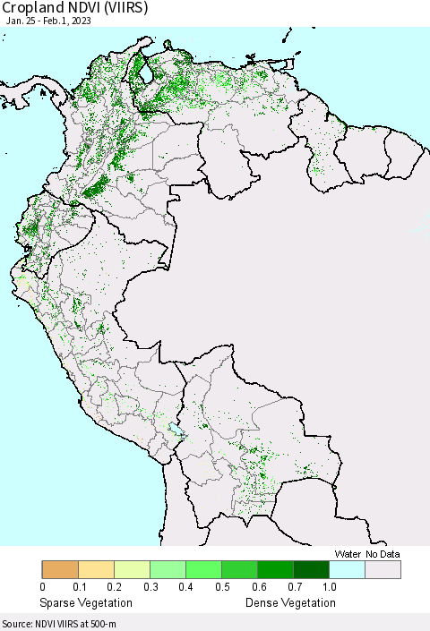 Northern South America Cropland NDVI (VIIRS) Thematic Map For 1/25/2023 - 2/1/2023