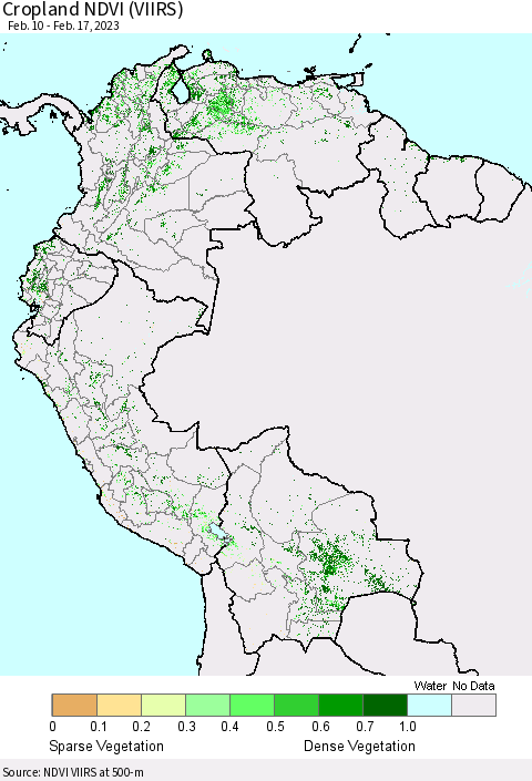 Northern South America Cropland NDVI (VIIRS) Thematic Map For 2/10/2023 - 2/17/2023