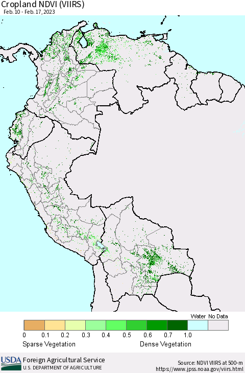 Northern South America Cropland NDVI (VIIRS) Thematic Map For 2/11/2023 - 2/20/2023