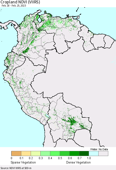 Northern South America Cropland NDVI (VIIRS) Thematic Map For 2/18/2023 - 2/25/2023