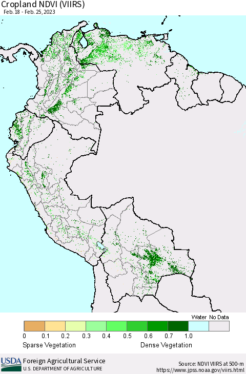Northern South America Cropland NDVI (VIIRS) Thematic Map For 2/21/2023 - 2/28/2023