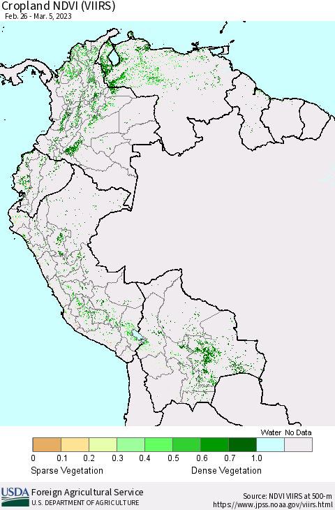 Northern South America Cropland NDVI (VIIRS) Thematic Map For 3/1/2023 - 3/10/2023