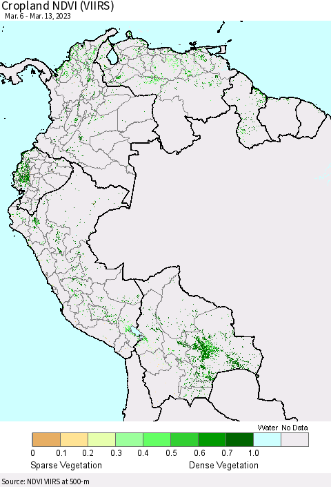 Northern South America Cropland NDVI (VIIRS) Thematic Map For 3/6/2023 - 3/13/2023
