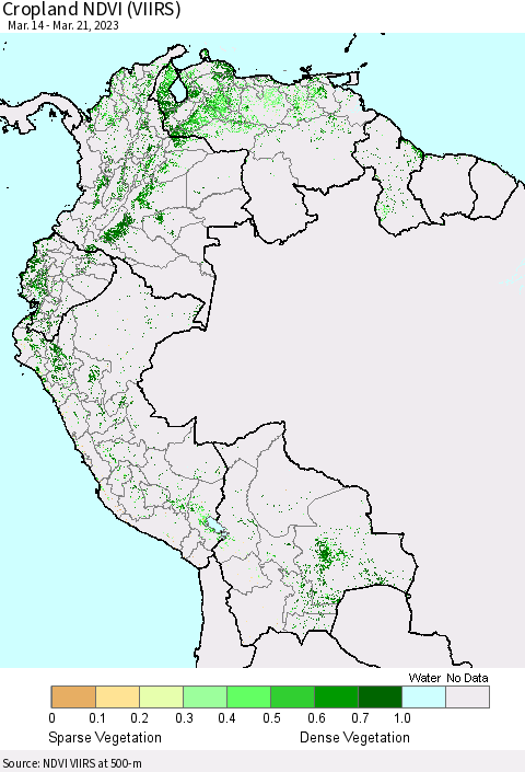 Northern South America Cropland NDVI (VIIRS) Thematic Map For 3/14/2023 - 3/21/2023