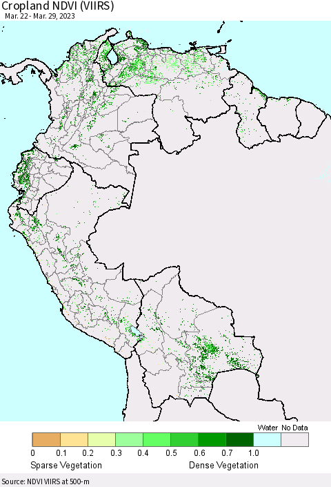 Northern South America Cropland NDVI (VIIRS) Thematic Map For 3/22/2023 - 3/29/2023