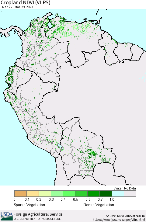 Northern South America Cropland NDVI (VIIRS) Thematic Map For 3/21/2023 - 3/31/2023