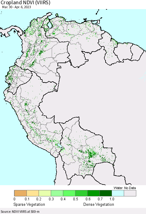 Northern South America Cropland NDVI (VIIRS) Thematic Map For 3/30/2023 - 4/6/2023