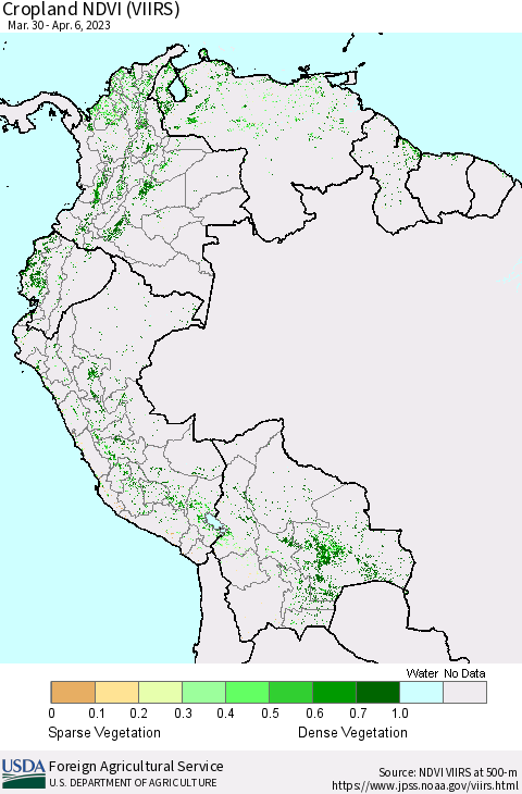 Northern South America Cropland NDVI (VIIRS) Thematic Map For 4/1/2023 - 4/10/2023