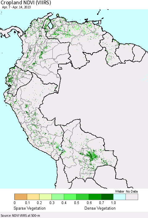 Northern South America Cropland NDVI (VIIRS) Thematic Map For 4/7/2023 - 4/14/2023