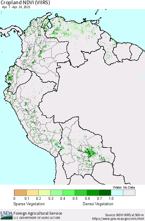Northern South America Cropland NDVI (VIIRS) Thematic Map For 4/11/2023 - 4/20/2023